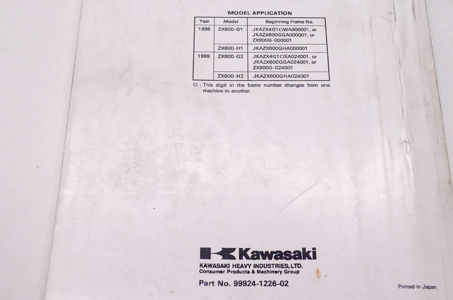 OEM Kawasaki 99924-1226-02 Service Manual ZX600G
