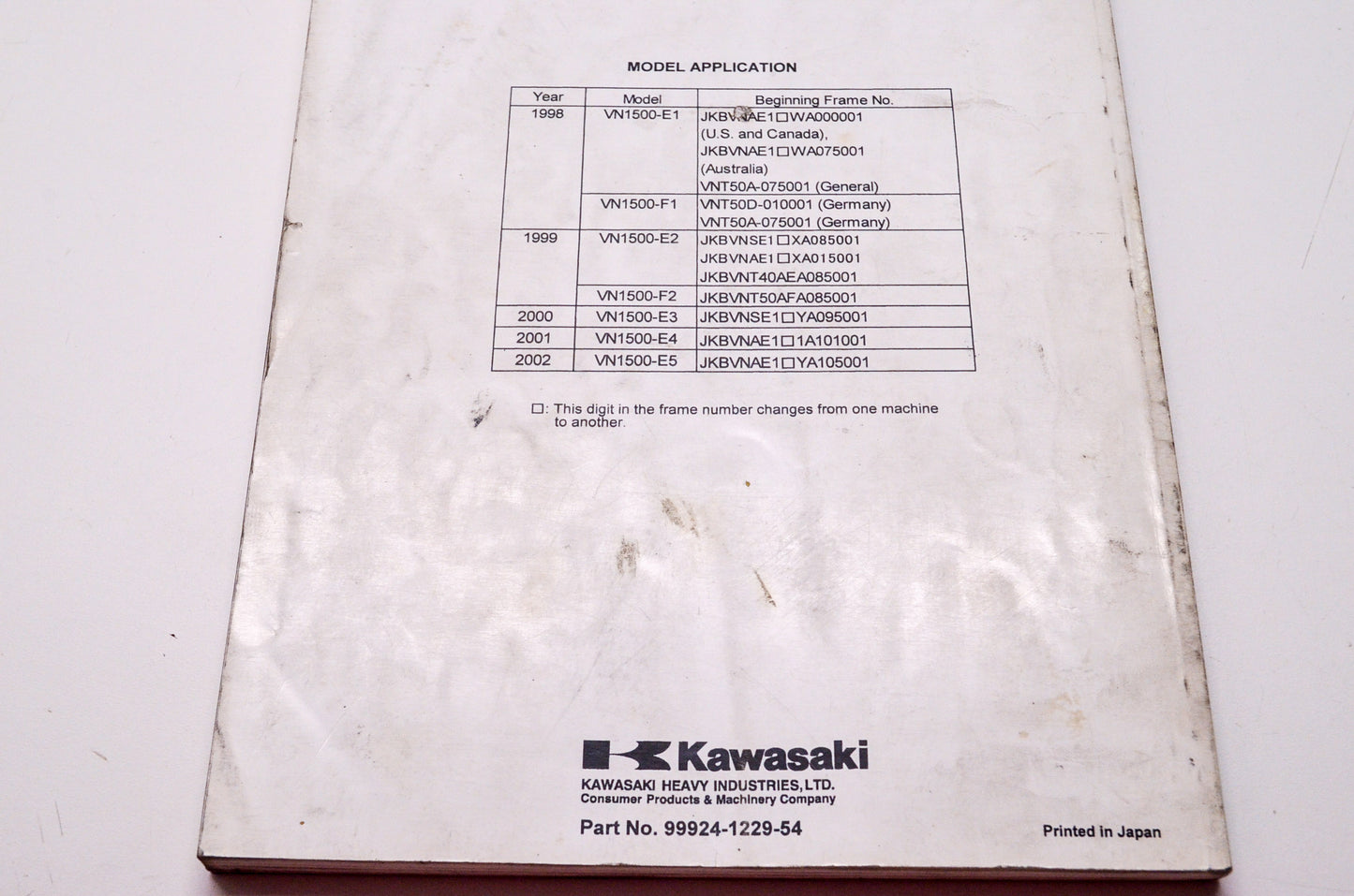OEM Kawasaki 99924-1229-54 Service Manual Supplement VN1500E