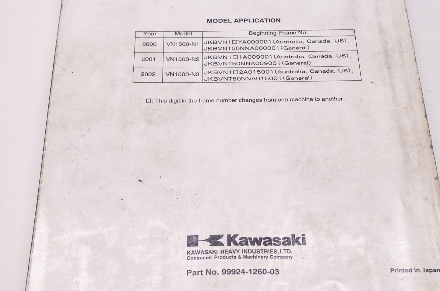 OEM Kawasaki 99924-1260-03 Service Manual VN1500N/T