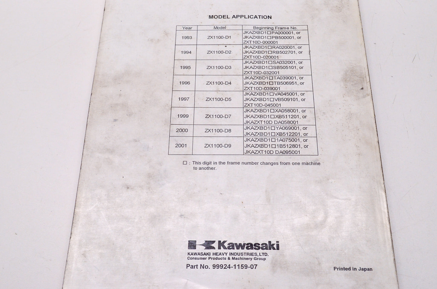 OEM Kawasaki 99924-1159-07 Service Manual ZX1100D