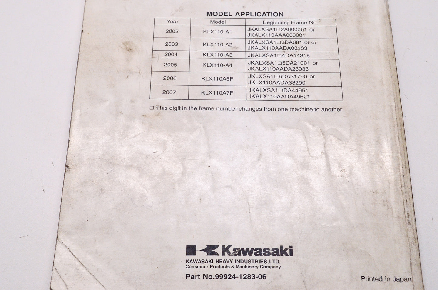 OEM Kawasaki 99924-1283-06 Service Manual KLX110A