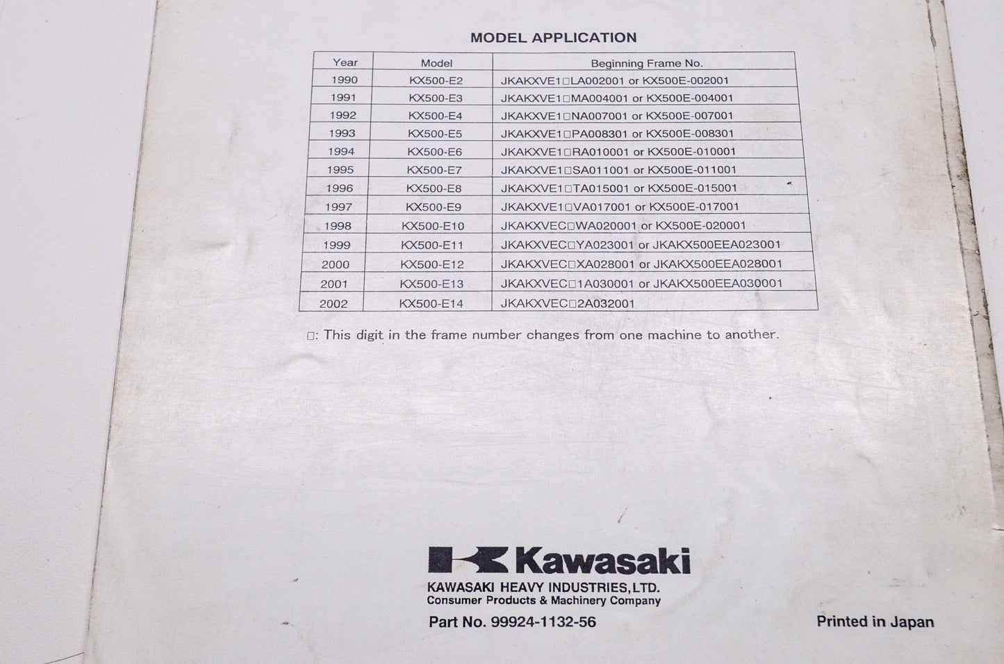 OEM Kawasaki 99924-1132-56 Service Manual Supplement KX500E