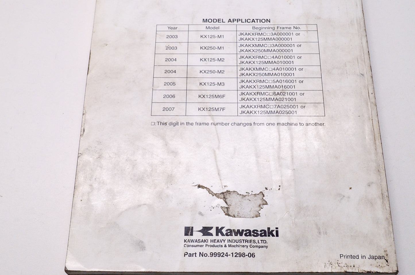 OEM Kawasaki 99924-1298-06 Service Manual KX125M/KX250M