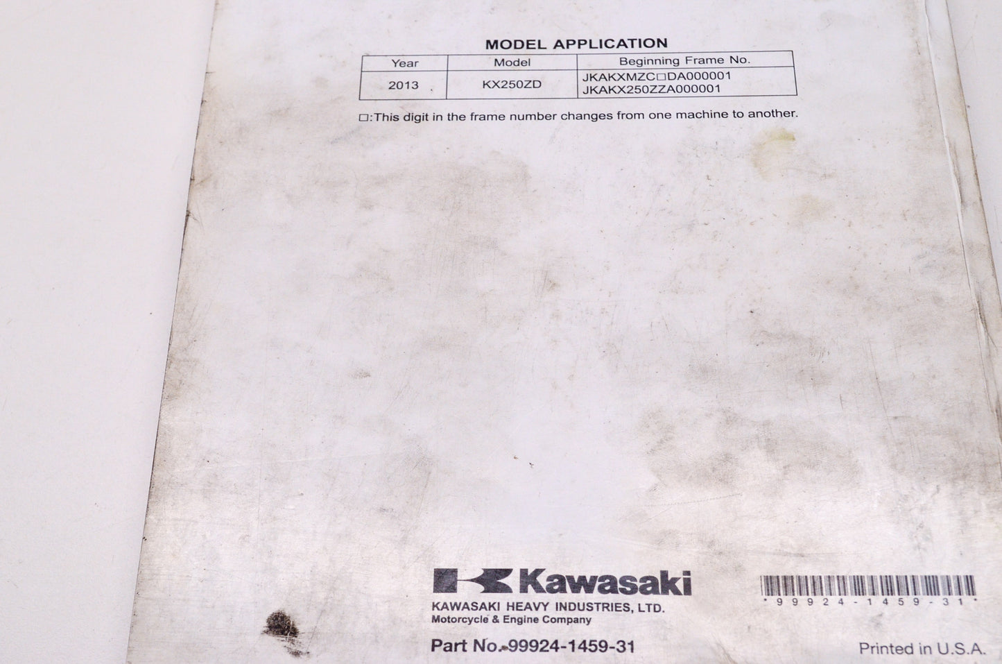 OEM Kawasaki 99924-1459-31 Service Manual KX250Z
