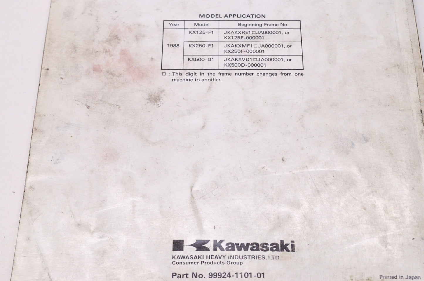 OEM Kawasaki 99924-1101-01 Service Manual KX125/250/500