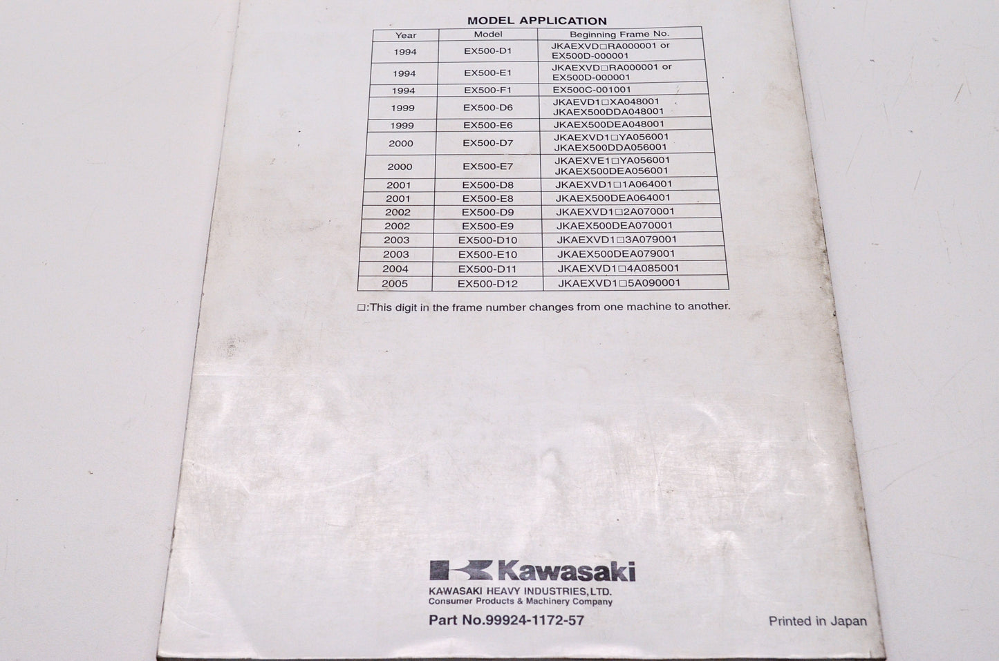 OEM Kawasaki 99924-1172-57 Service Manual Supplement EX500D