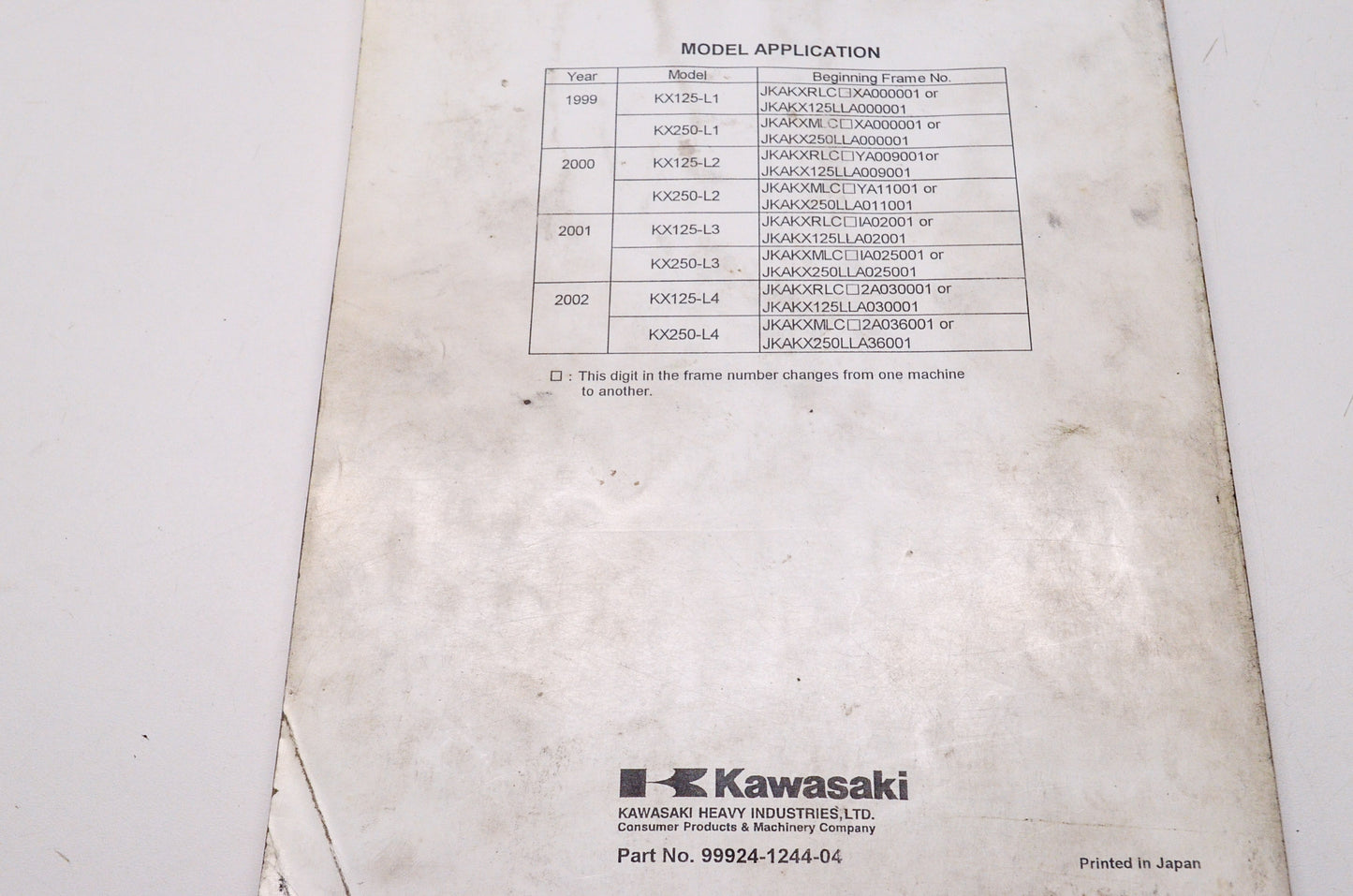 OEM Kawasaki 99924-1244-04 Service Manual KX125/250L
