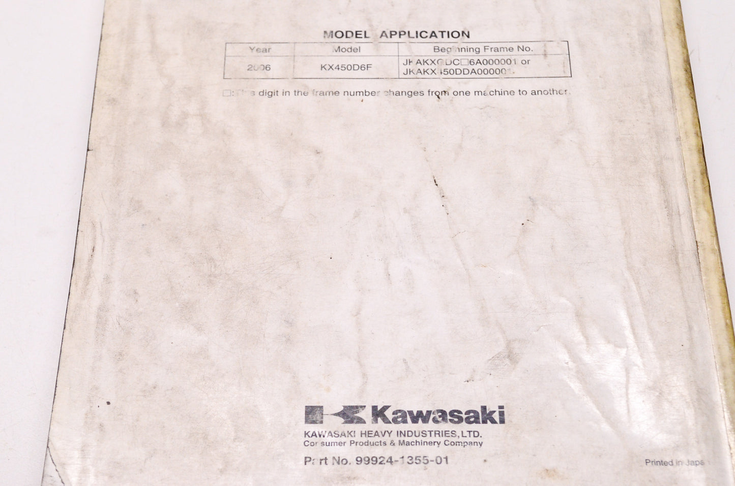 OEM Kawasaki 99924-1355-01 Service Manual KX450D