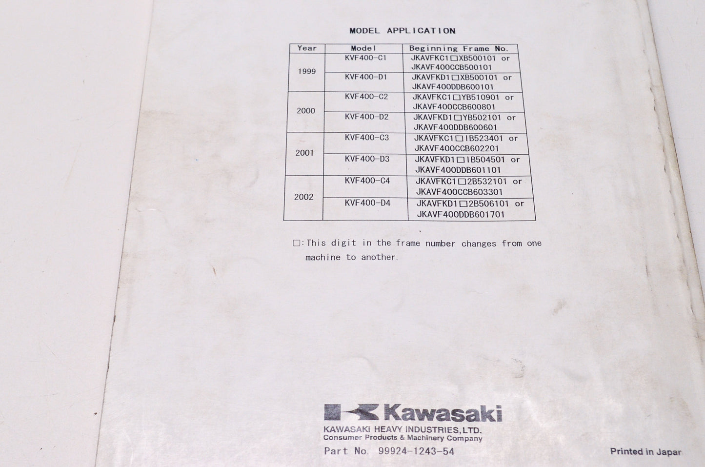 OEM Kawasaki 99924-1243-54 Service Manual Supplement KVF400
