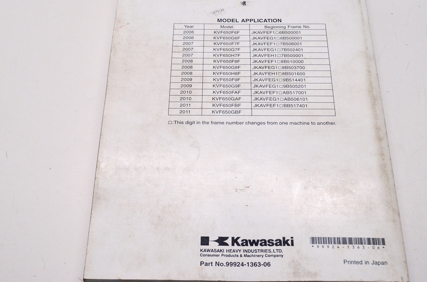 OEM Kawasaki 99924-1363-06 Service Manual KVF650F/G