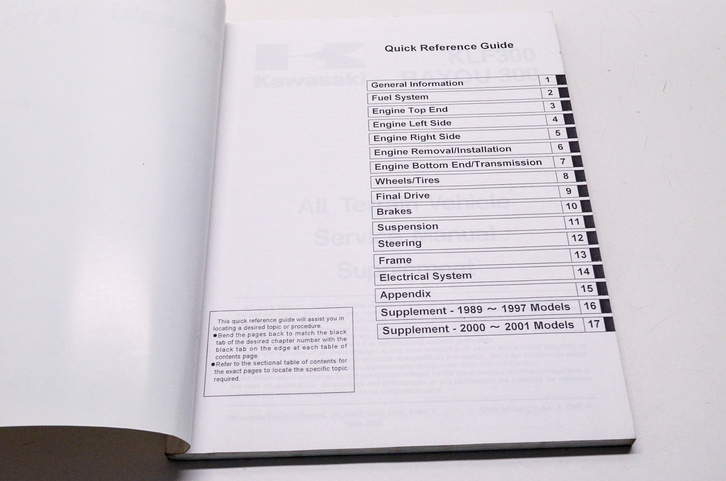Kawasaki 1988-2001 KLF Bayou 300 ATV Shop Repair Service Manual Supplement