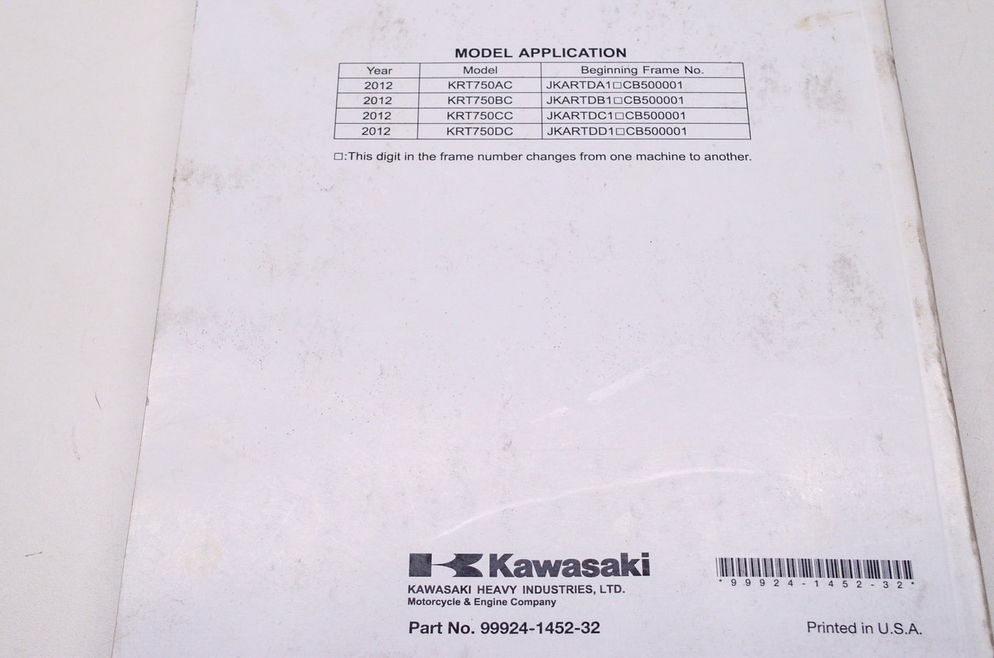 OEM Kawasaki 99924-1452-32 Service Manual KRT750A/B/C/D
