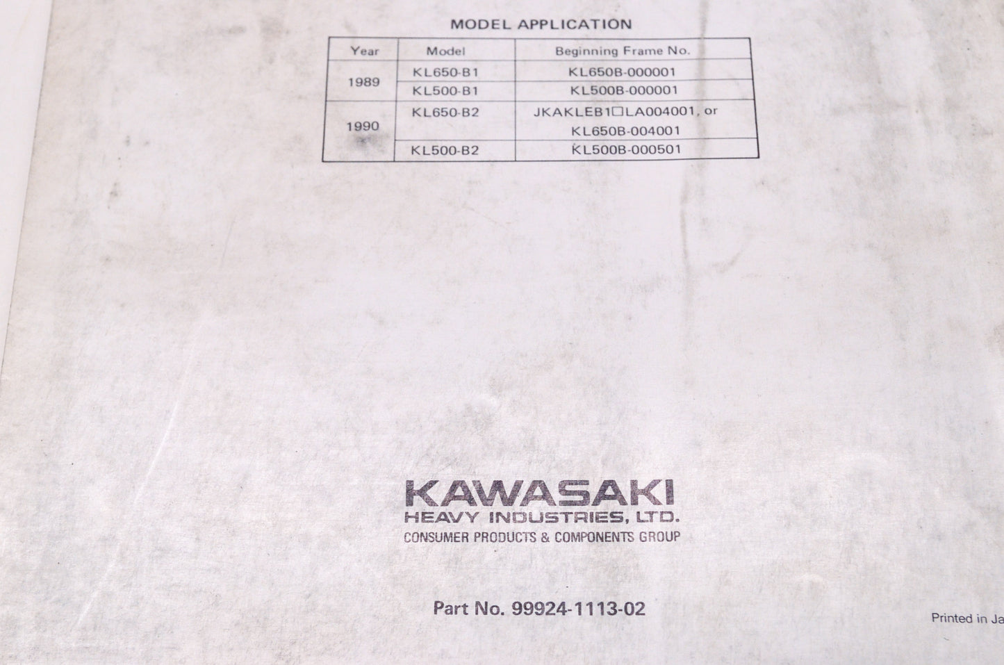 OEM Kawasaki 99924-1113-02 Service Manual KL650B