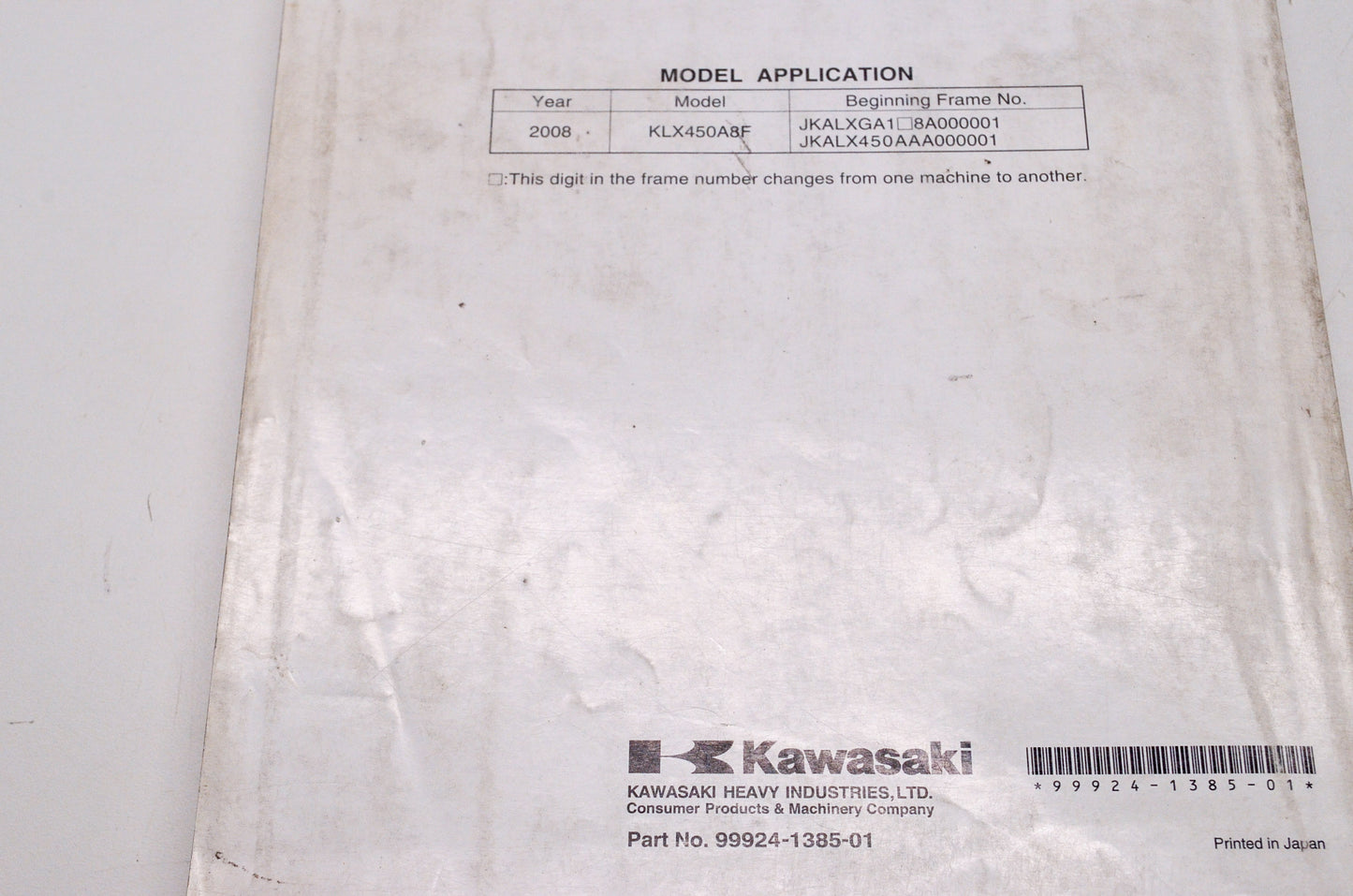 OEM Kawasaki 99924-1385-01 Service Manual KLX450A