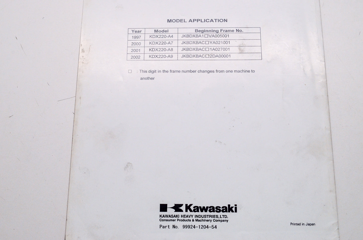 OEM Kawasaki 99924-1204-54 Service Manual Supplement KDX220A