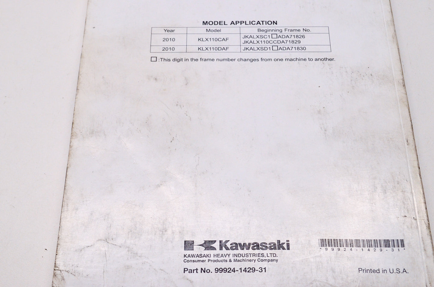OEM Kawasaki 99924-1429-31 Service Manual KLX110C/D