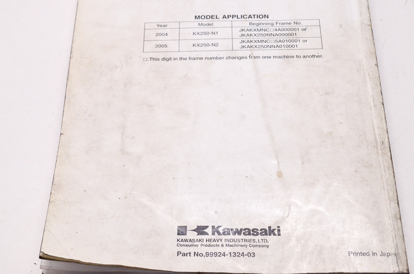OEM Kawasaki 99924-1324-03 Service Manual KX250N