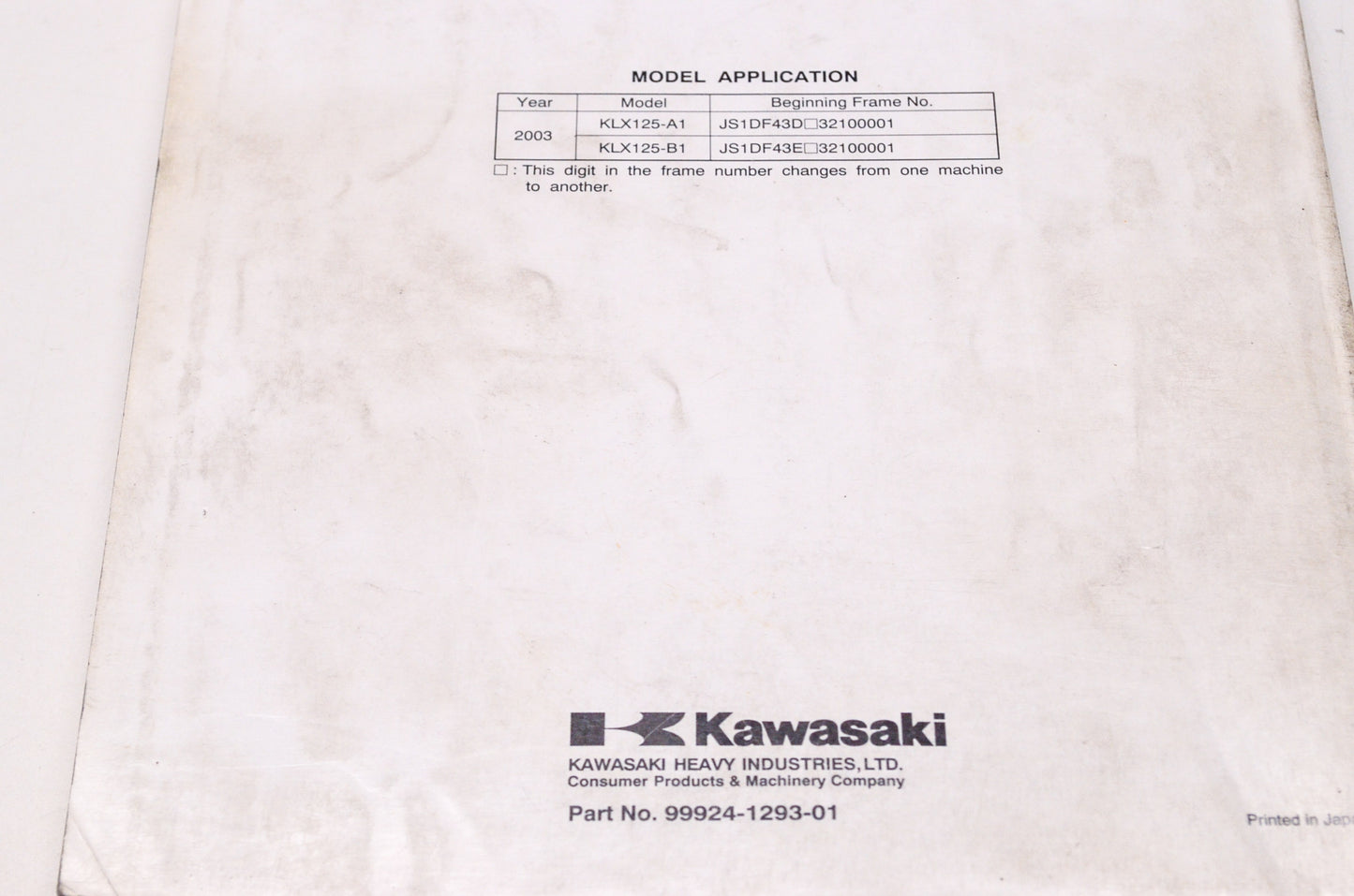 OEM Kawasaki 99924-1293-01 Service Manual KLX125A/B