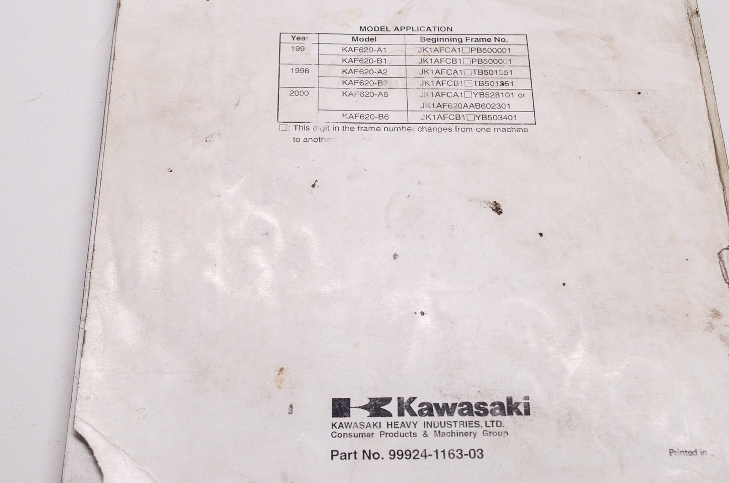 OEM Kawasaki 99924-1163-03 Service Manual KAF620A/B/C