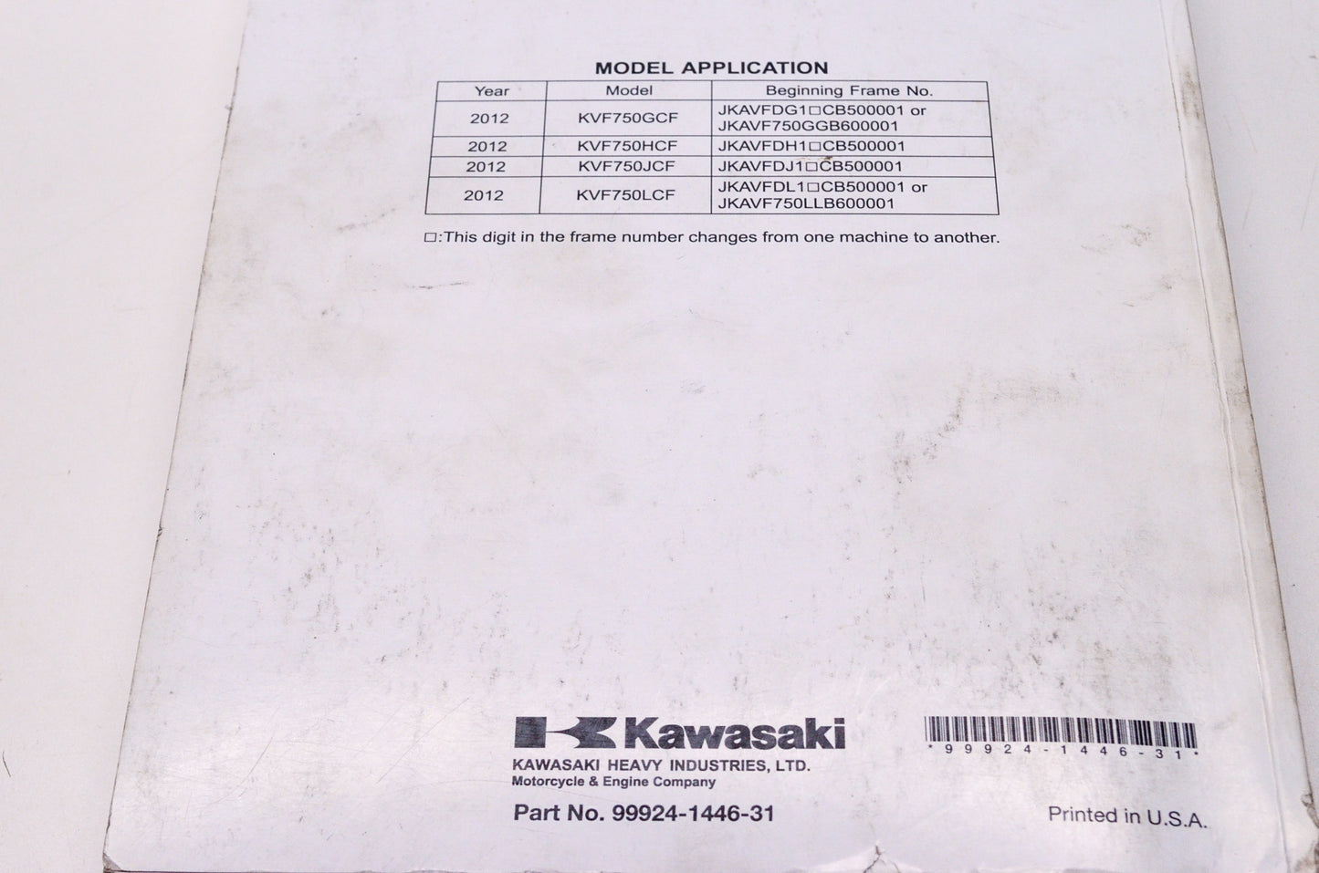 OEM Kawasaki 99924-1446-31 Service Manual KVF750G/H/J/L