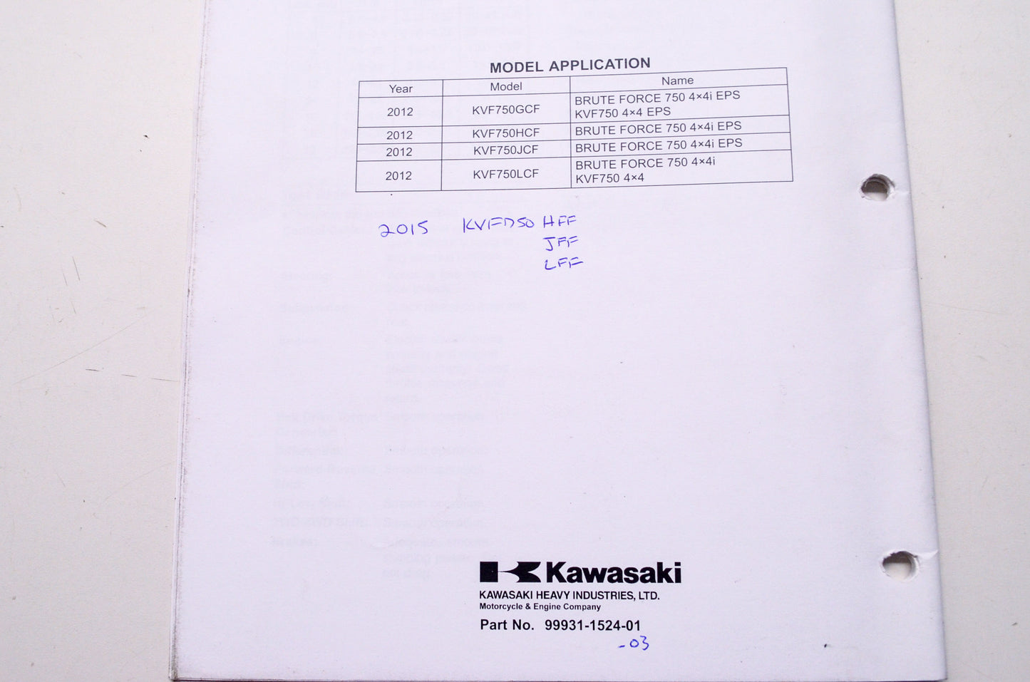OEM Kawasaki 99931-1524-01 Brute Force 750 4x4i KVF750 4x4 EPS AT