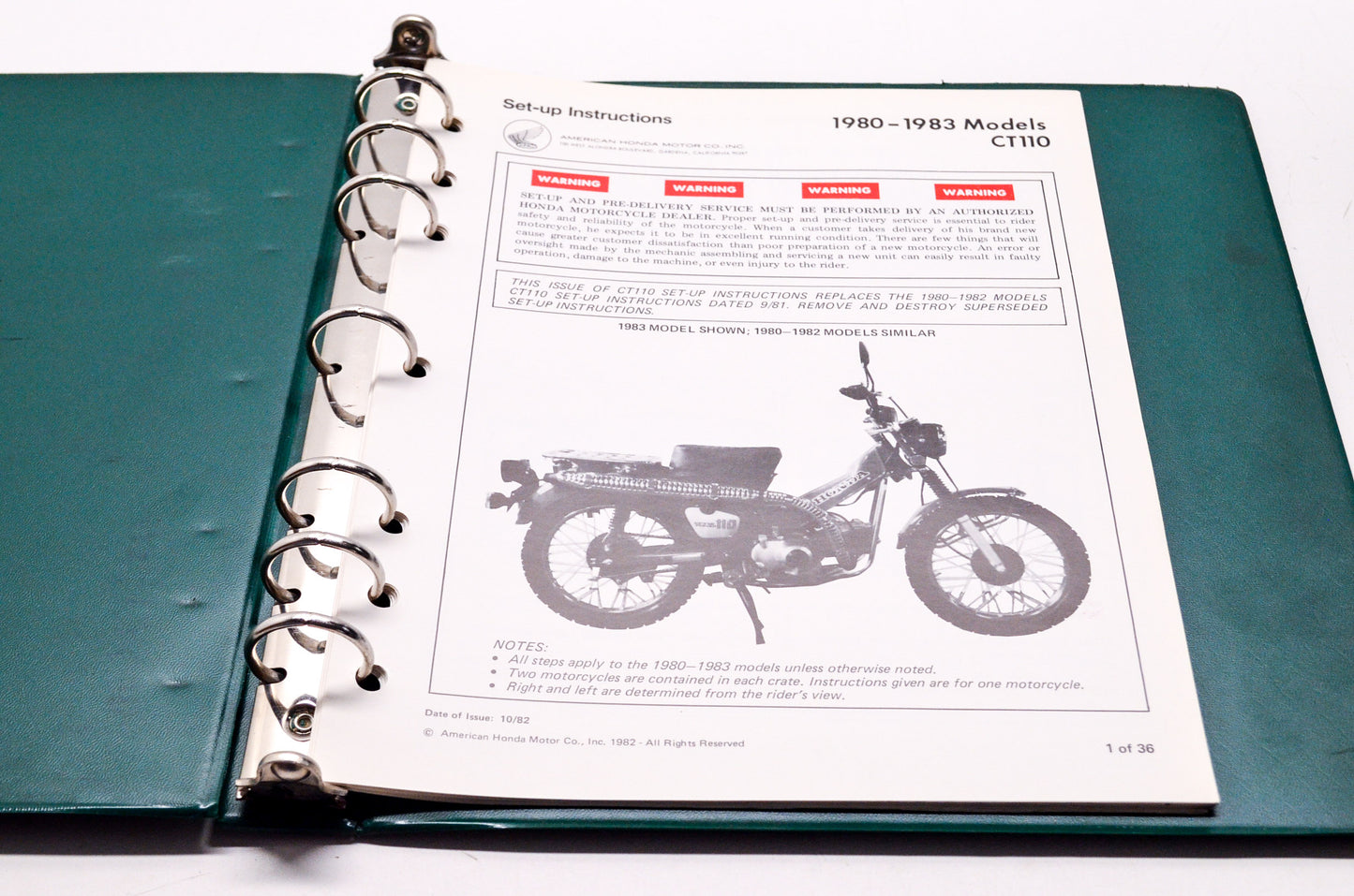 Honda Setup Instructions 1980-1983 CT110 Vintage Manual