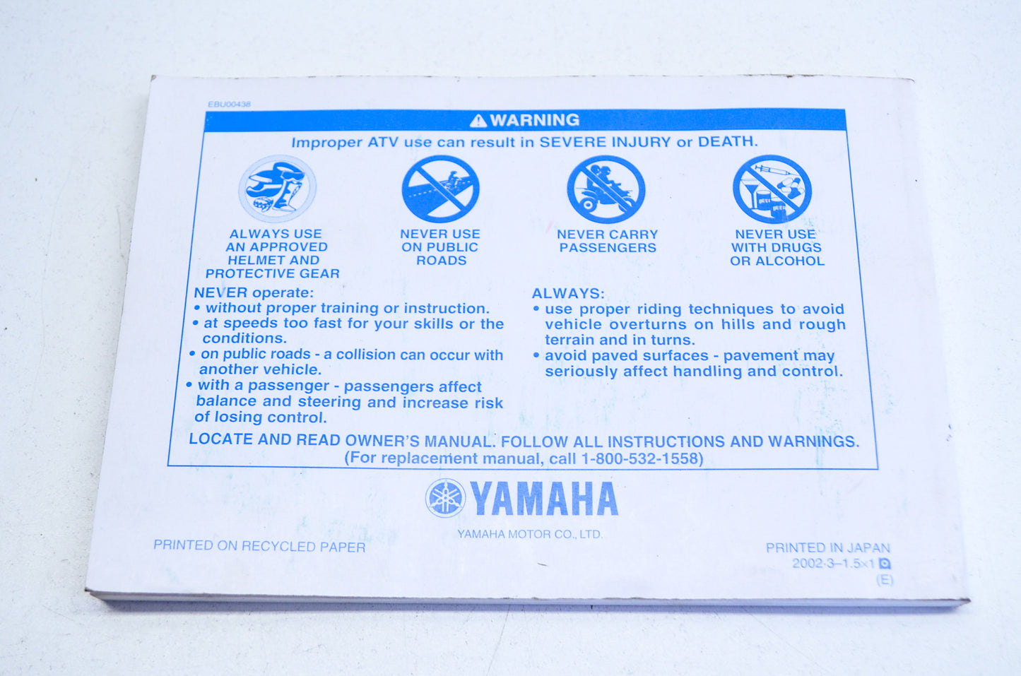 New OEM Yamaha Banshee YFZ350R Owner's Manual NOS