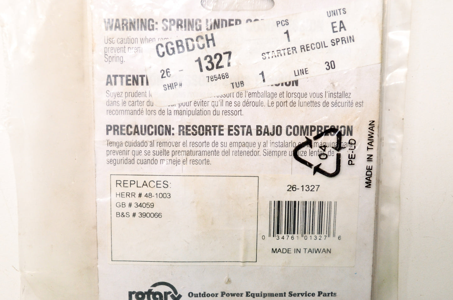 Rotary 26-1327, 390066, 34059 Starter Recoil Spring NOS