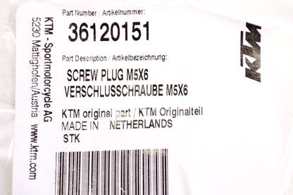 OEM KTM 36120151 Screw Plug M5X6 NOS