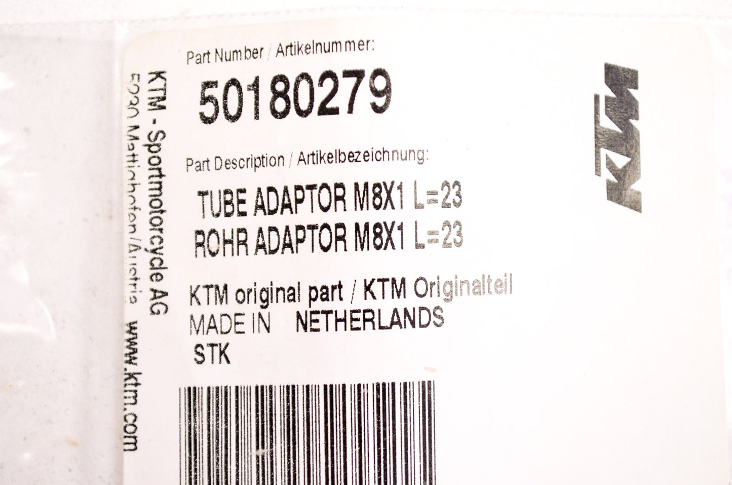 OEM KTM 50180279 Tube Adaptor M8x1 L 23 NOS