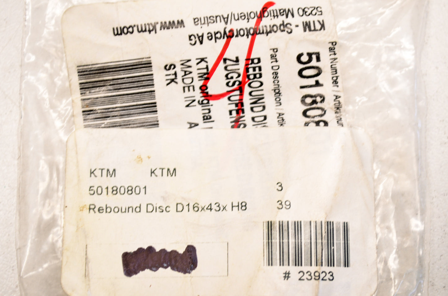 OEM KTM 50180801 Rebound Disc D16x43xH8 NOS
