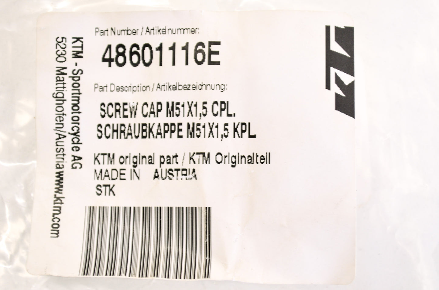 New OEM KTM Screw Cap Assembly M51x1.5 NOS