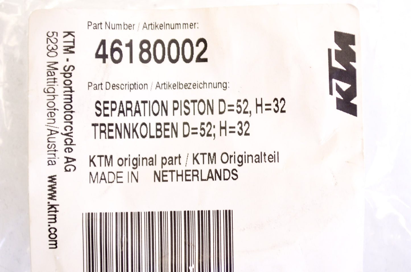 OEM KTM 46180002 Aluminum Separation Piston D 52 H 32 NOS