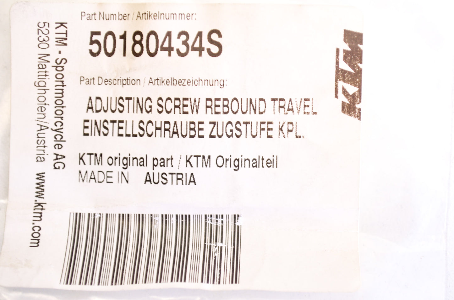 OEM KTM 50180434S Adjusting Screw Rebound Travel NOS