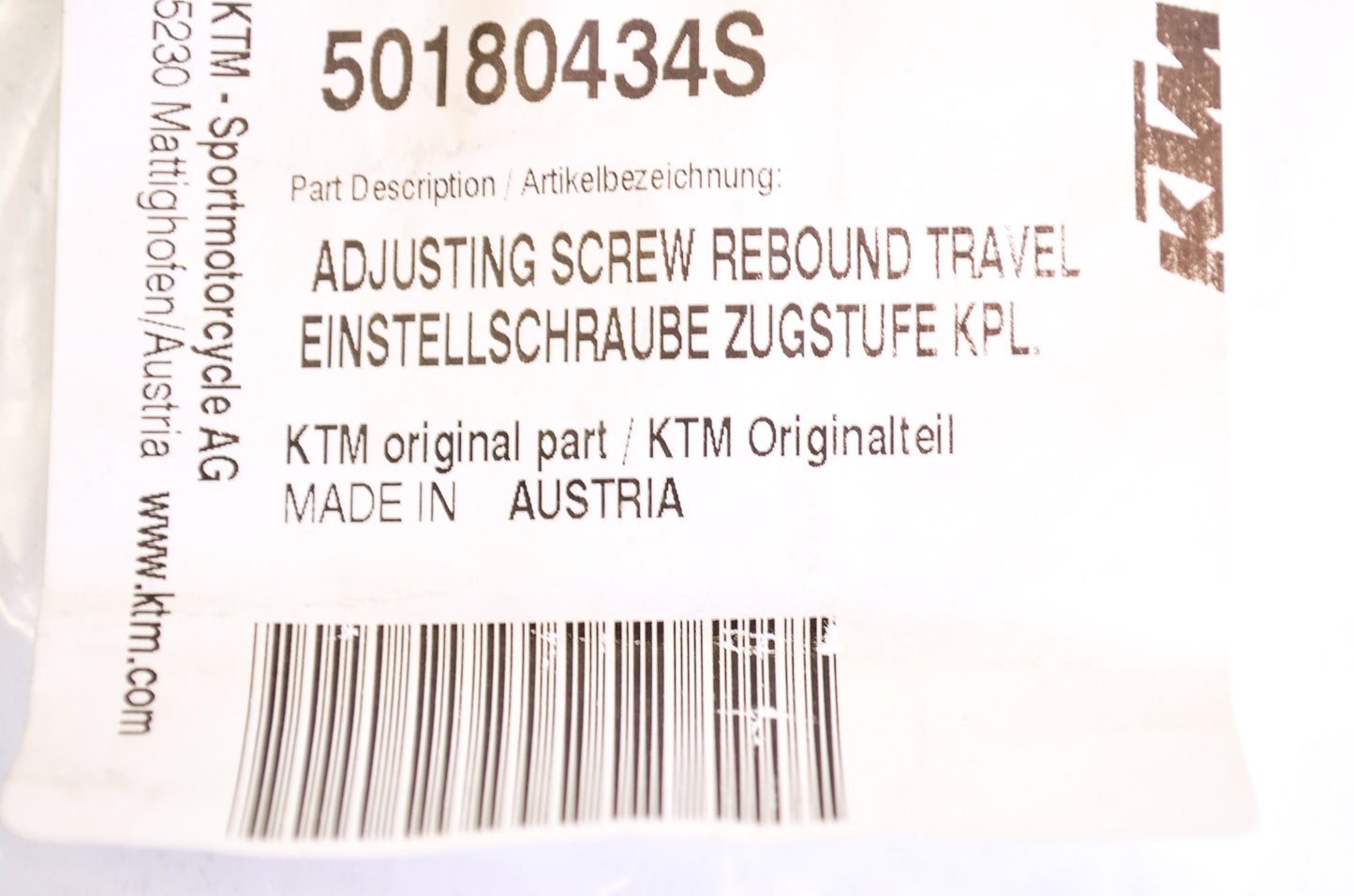 OEM KTM 50180434S Adjusting Screw Rebound Travel
