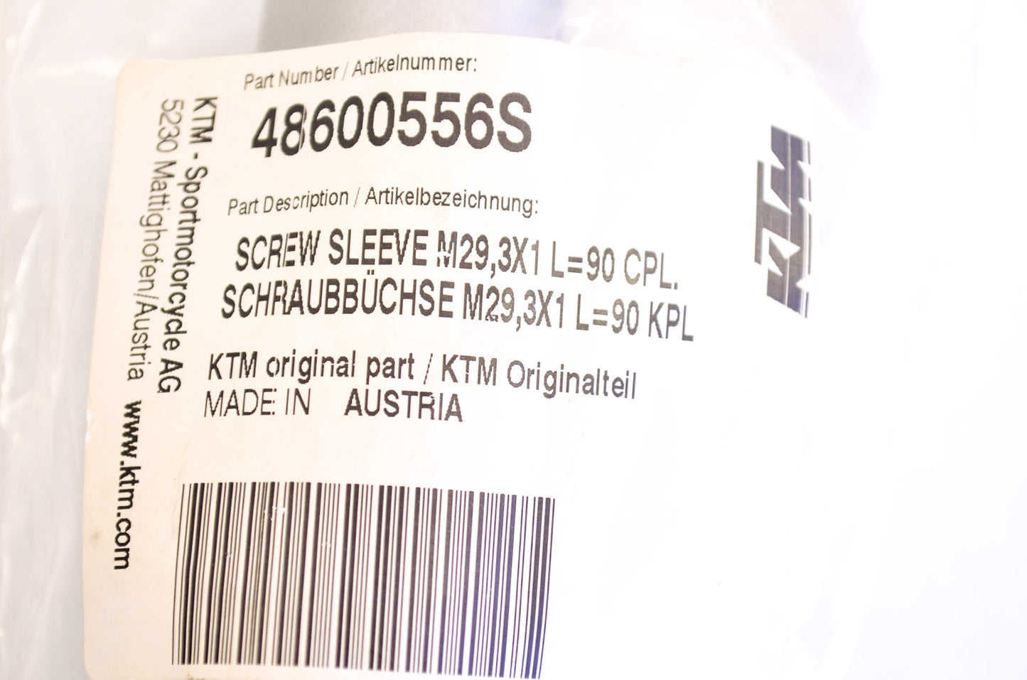 OEM KTM 48600556S Screw Sleeve Assembly M29.3x1 L90 NOS