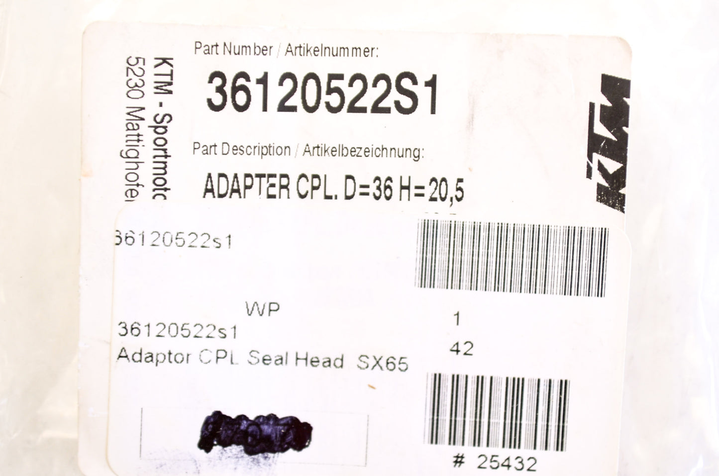 Shock Adapter D36 H20.5 50 65 SX NOS