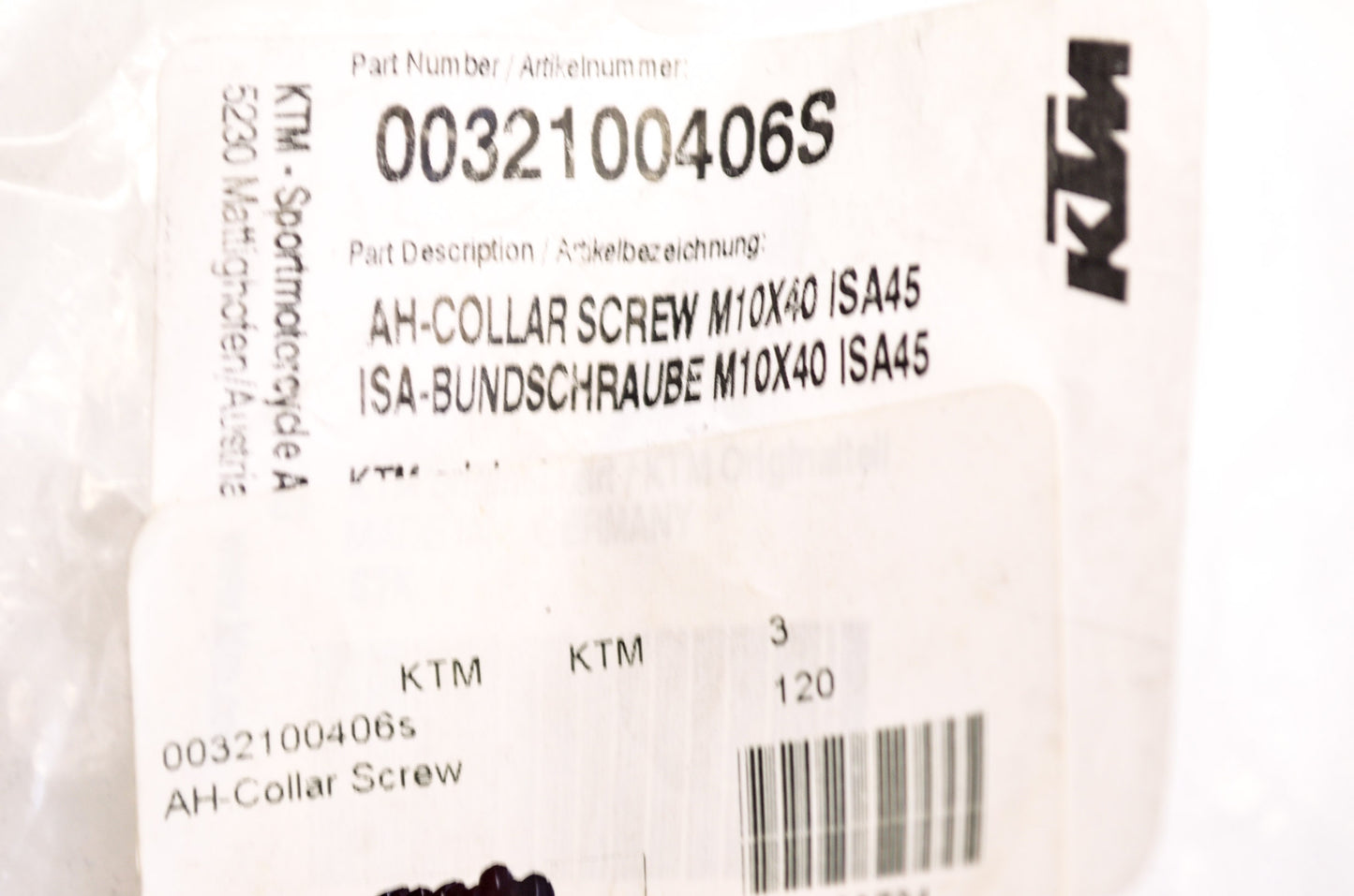 OEM KTM 0032100406S Allen Head Collar Screw M10X40 ISA45 NOS