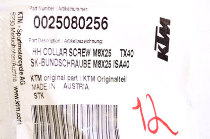 OEM KTM 25080256 Hex Head Collar Screw M8X25 TX40 NOS