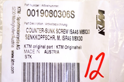 OEM KTM 0019080306S Counter Sunk Screw ISA45 M8X30 NOS