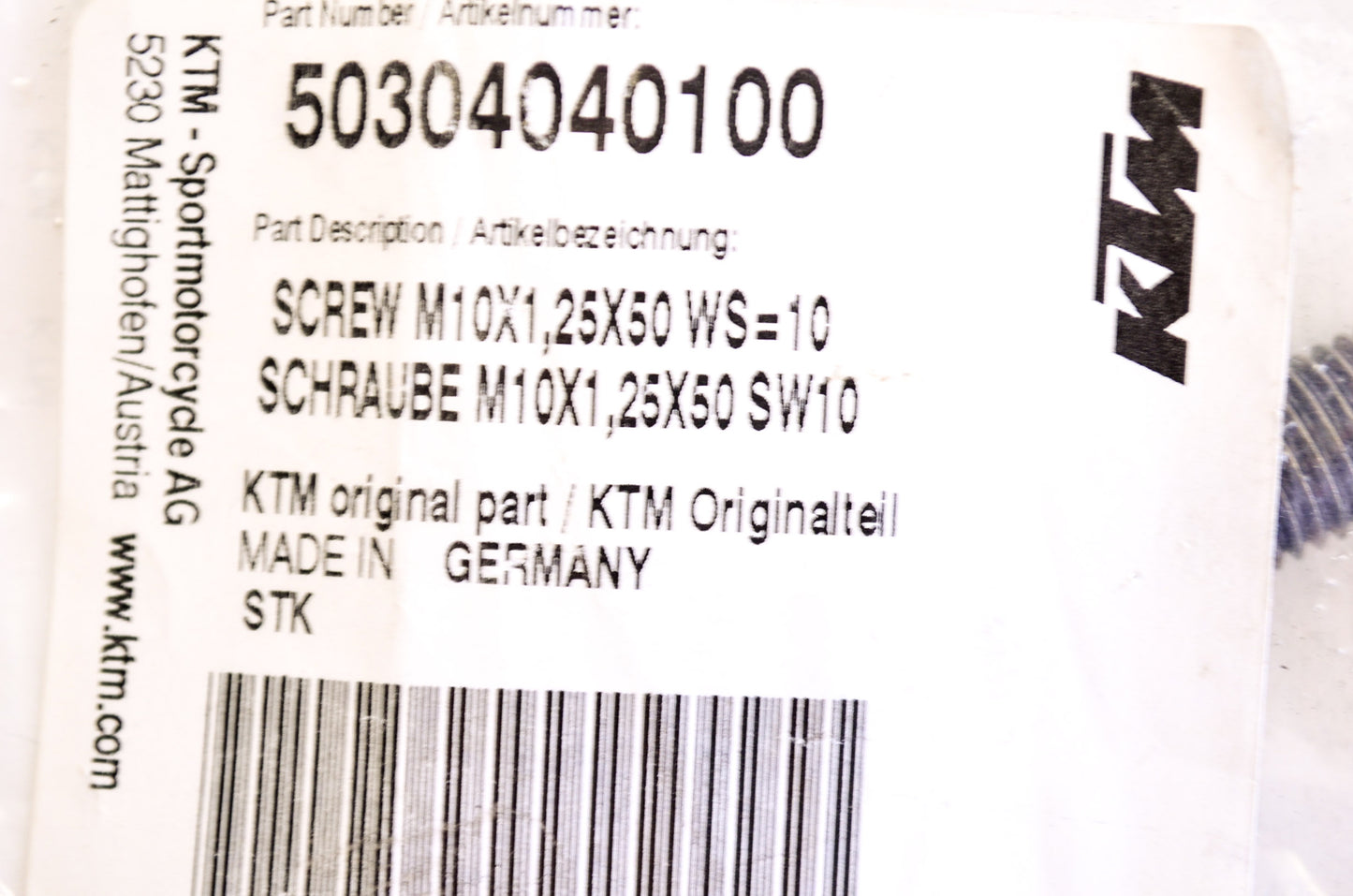 OEM KTM 50304040100 Screw 10x1.25x50 NOS