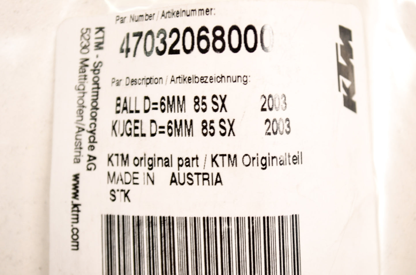 OEM KTM 47032068000 Ball D=6mm Qty 2 NOS