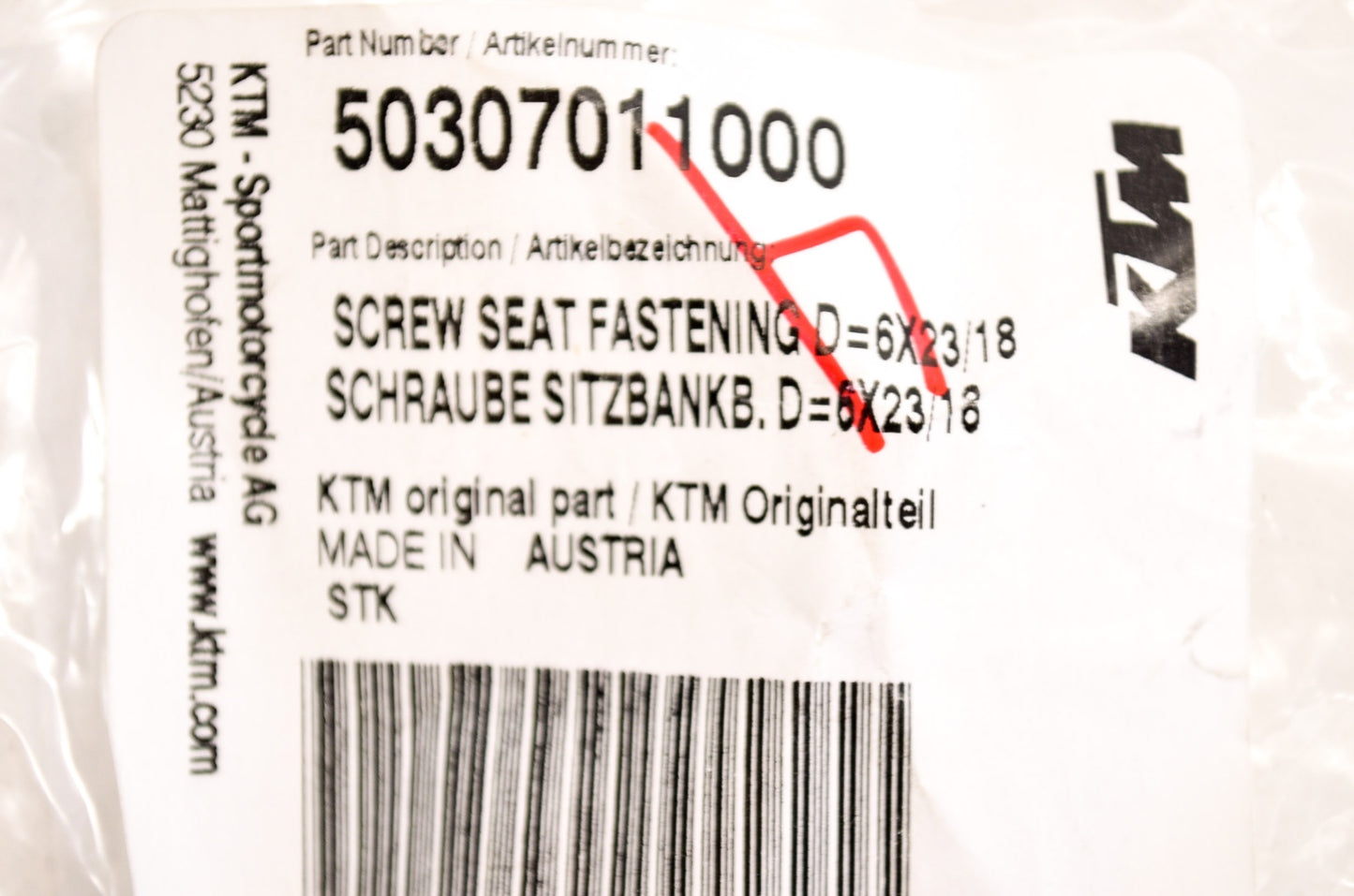 New OEM KTM Seat Fastening Screw 6x23/18 NOS