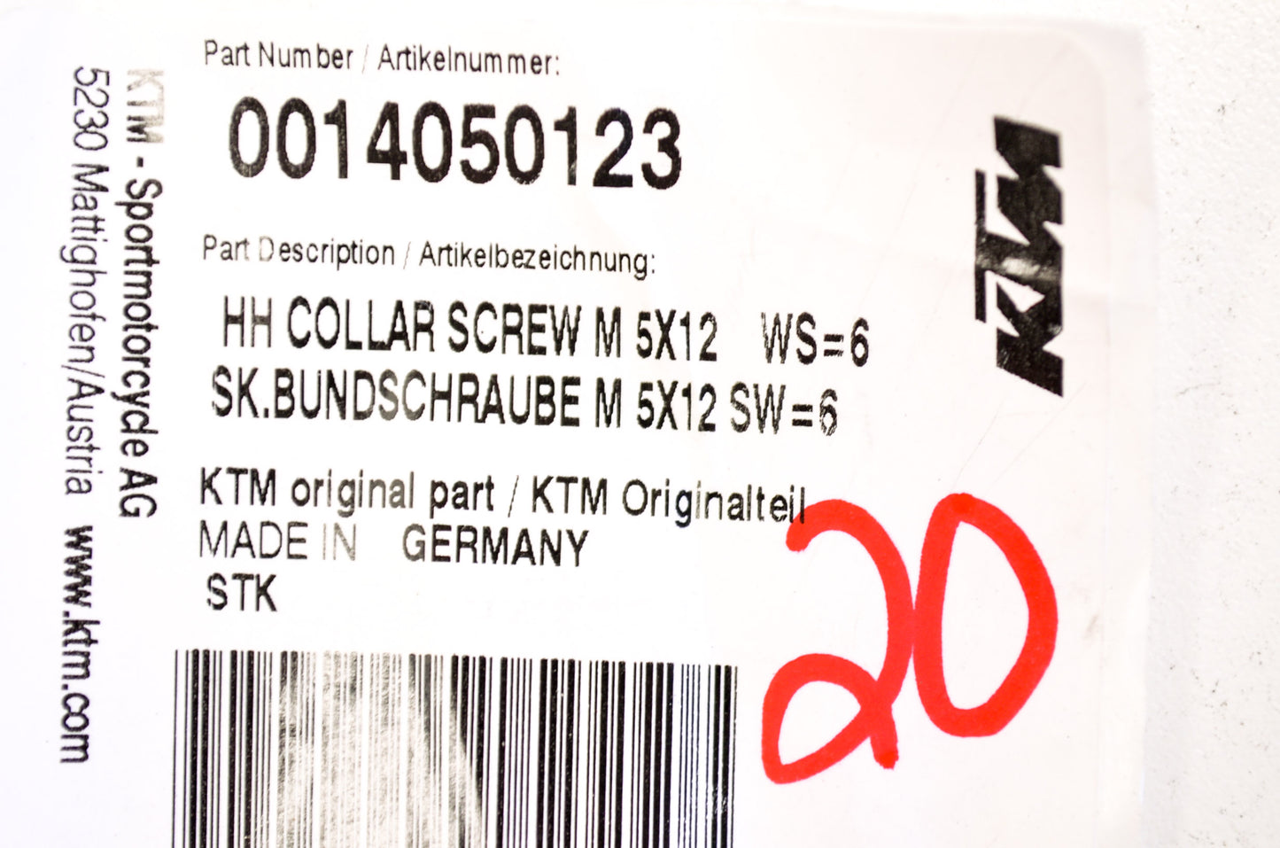 OEM KTM 14050123 Hex Head Collar Screw M5X12 WS=6 NOS