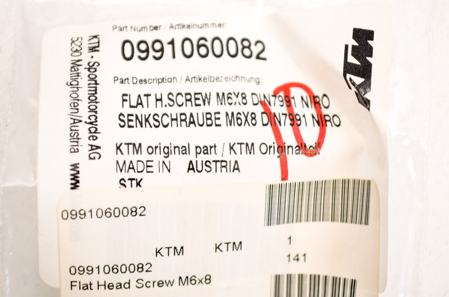 OEM KTM 991060082 Flat Head Screw 6x8 Qty 3 NOS