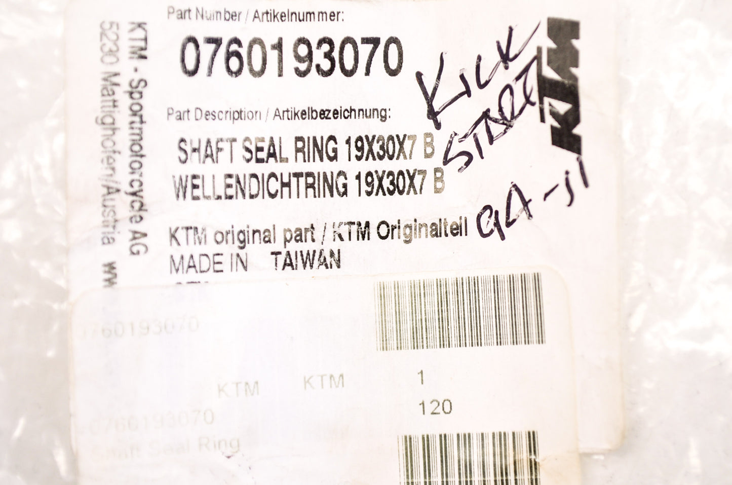 OEM KTM 760193070 Shaft Seal Ring 19x30x7 B NOS
