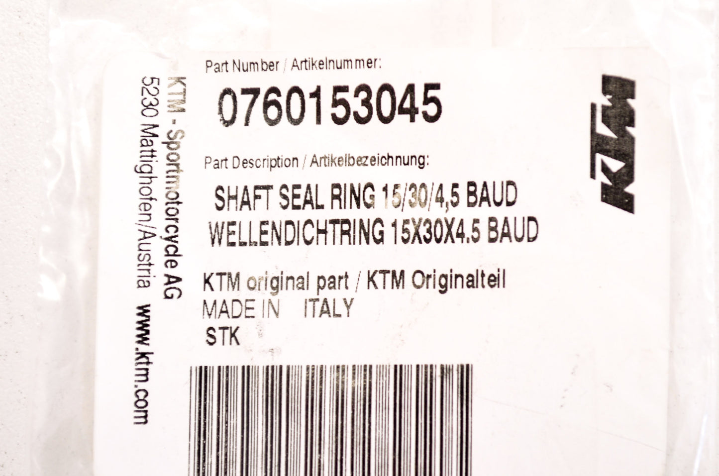 OEM KTM 760153045 Shaft Seal Ring 15/30/4,5BAUD NOS