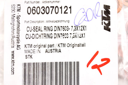 OEM KTM 603070121 Copper Seal RIng DIN7603 7.3X12X1 NOS
