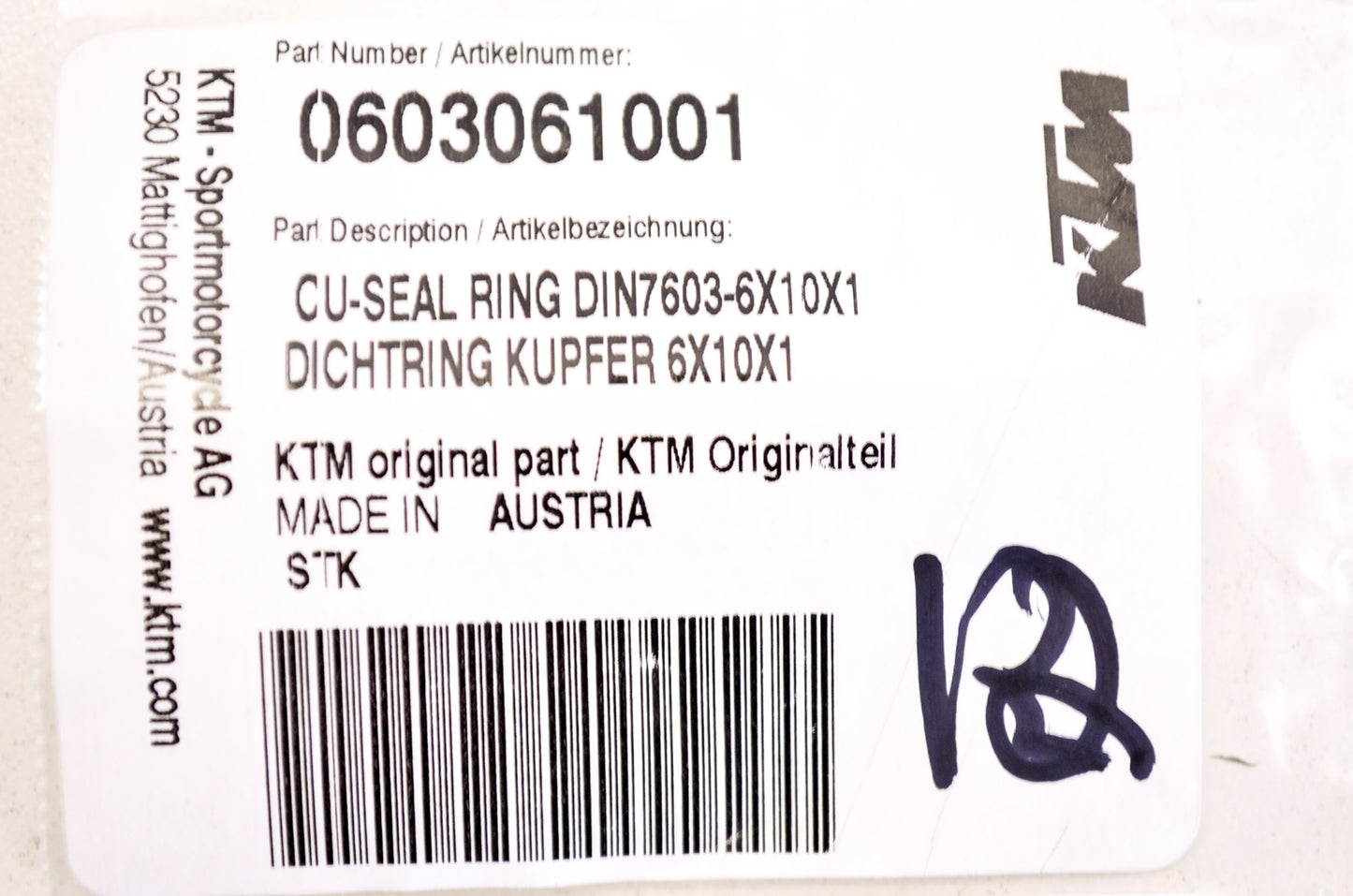 OEM KTM 603061001 Copper Seal RIng DIN7603 6X10X1 Qty 7 NOS
