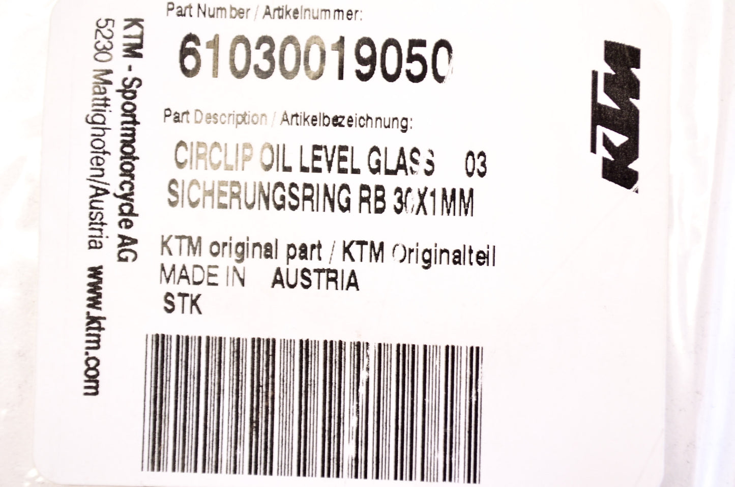 OEM KTM 61030019050 Oil Level Circlip 30x1 NOS